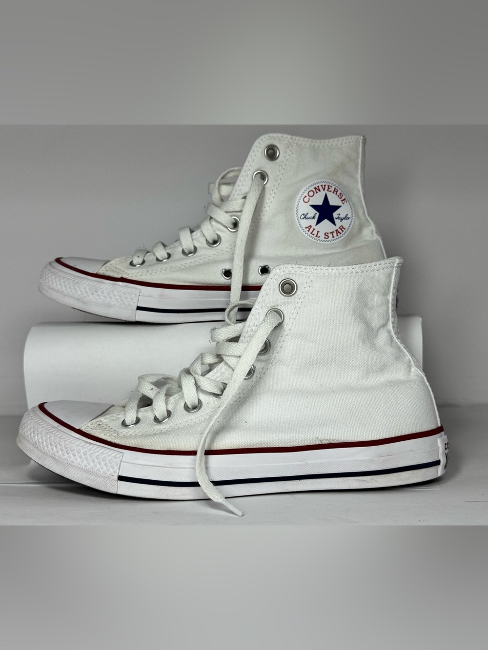 Converse Kids High Top Sneakers in White with Red & Blue Trim